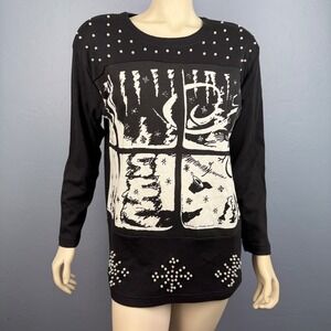 Vintage 80s‎ At Ease Winter Graphic Shirt Medium Black White Snowman Pearl Studs